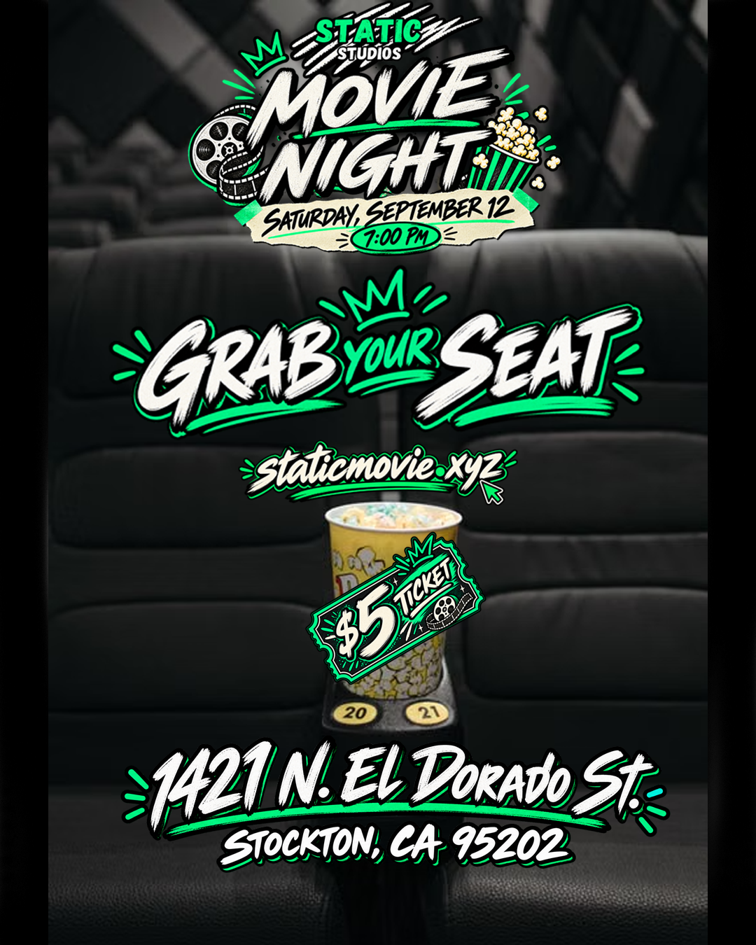 Static Movie Night flyer — Saturday, September 12, 7:00 PM, 1421 N. El Dorado St., Stockton, CA